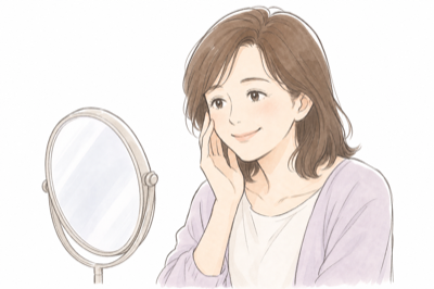 鏡の前で嬉しそうに微笑む女性